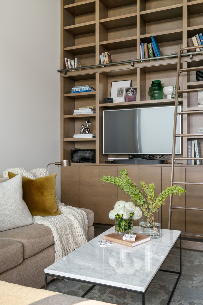 Ejemplo de sala de estar con biblioteca industrial de tamaño medio sin chimenea con pared multimedia, paredes blancas y alfombra