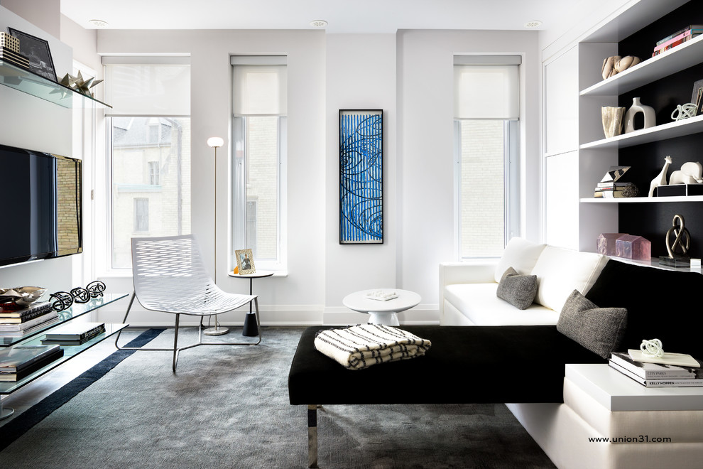 Foto di un soggiorno contemporaneo di medie dimensioni e aperto con pareti bianche e moquette