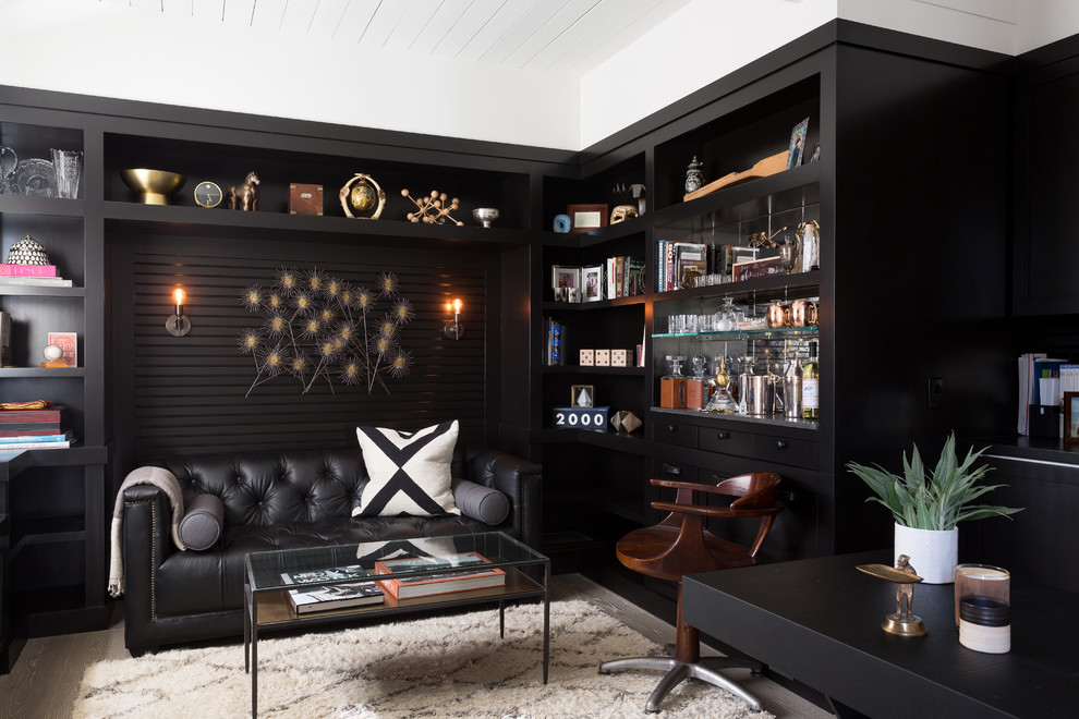 Mid-sized trendy enclosed dark wood floor family room photo in Santa Barbara with white walls