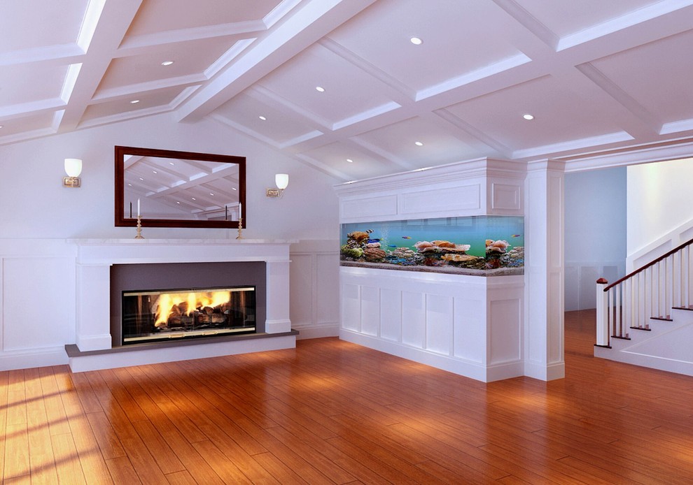 Example of a mid-sized transitional open concept dark wood floor and brown floor family room design in Los Angeles with white walls, a standard fireplace, a plaster fireplace and no tv