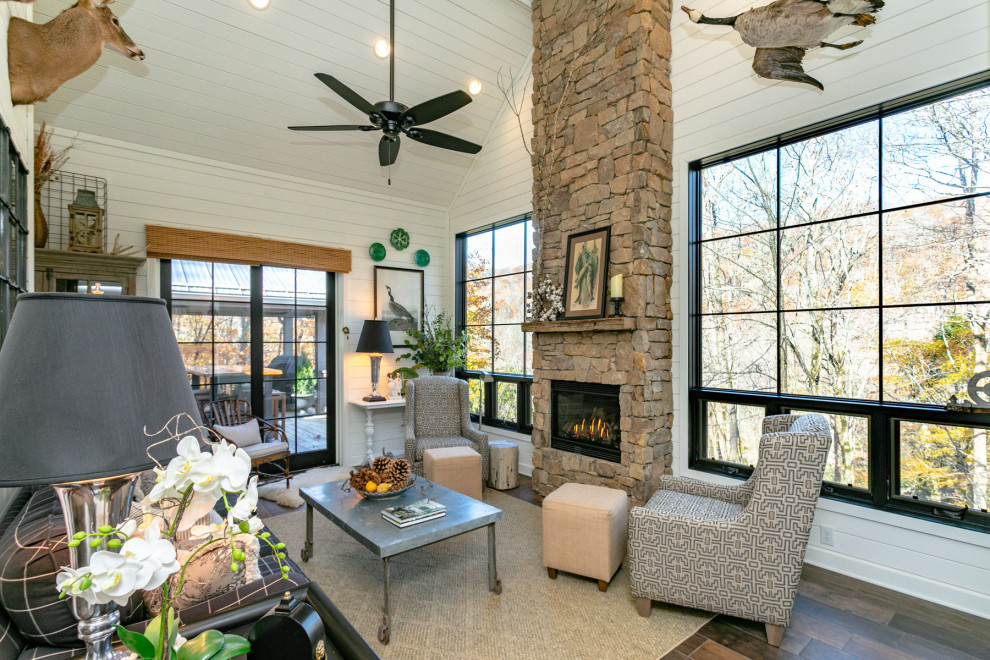 Vaulted Ceiling Room Addition with Stacked Stone Fireplace in Mars Hill ...