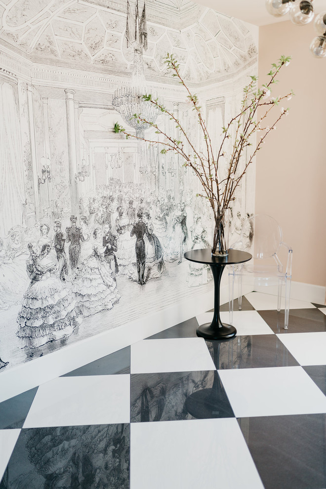 Ispirazione per un soggiorno vittoriano di medie dimensioni e aperto con sala della musica, pareti bianche e pavimento con piastrelle in ceramica
