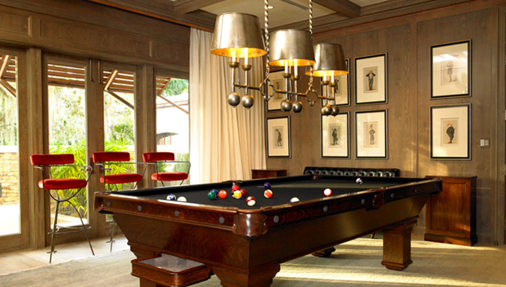 Photo of a large traditional open plan games room in Miami with beige walls and carpet.