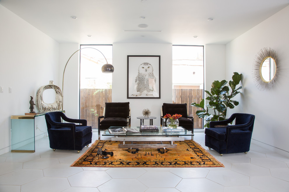Inspiration for a mid-sized contemporary open concept porcelain tile and white floor living room remodel in Los Angeles with white walls, no fireplace and no tv