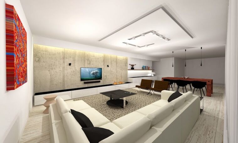 Esempio di un ampio soggiorno minimalista aperto con sala giochi, pareti bianche, pavimento in pietra calcarea, camino classico, cornice del camino in pietra e TV a parete