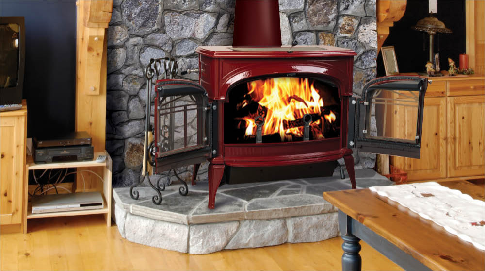 Modern Wood Burning Stove with Accessories and Red Gloves Next To it. Wood  Burning Stove with Orange Yellow Flames Stock Photo - Image of glowing,  home: 199860238