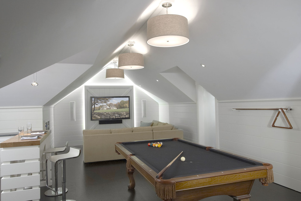 Example of a cottage gray floor family room design in New York