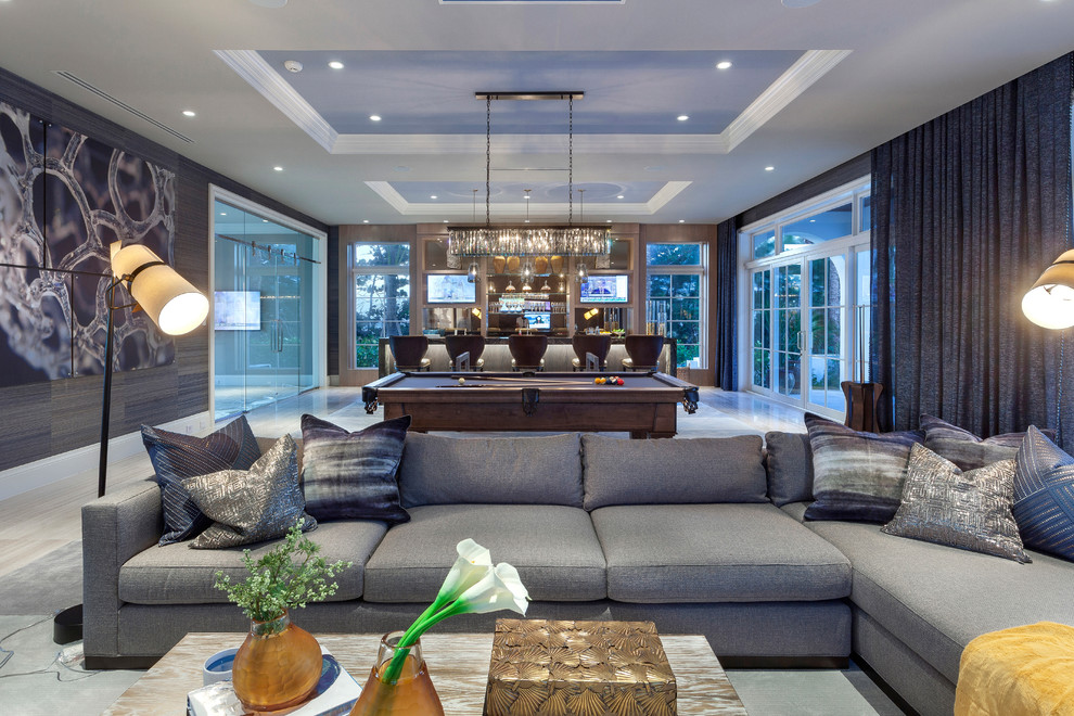 Family room - huge contemporary carpeted family room idea in Miami