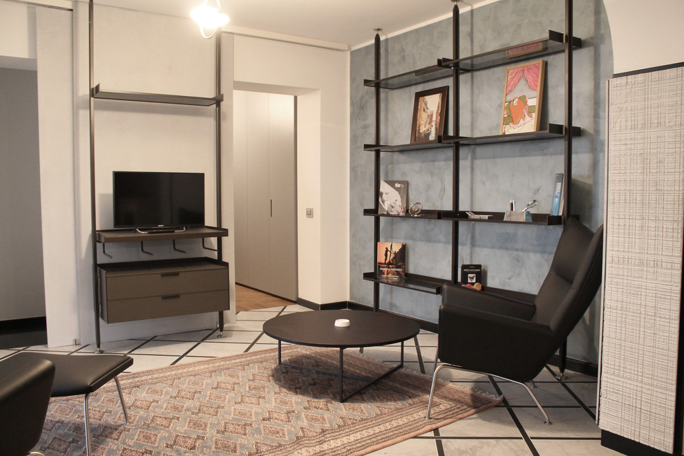 Foto di un piccolo soggiorno moderno con pareti bianche e pavimento in marmo