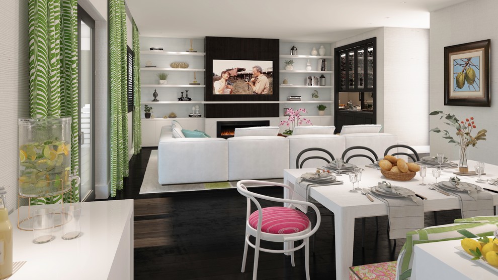 Großes, Offenes Stilmix Wohnzimmer mit weißer Wandfarbe, dunklem Holzboden, Hängekamin, Kaminumrandung aus Stein, TV-Wand und braunem Boden in Miami