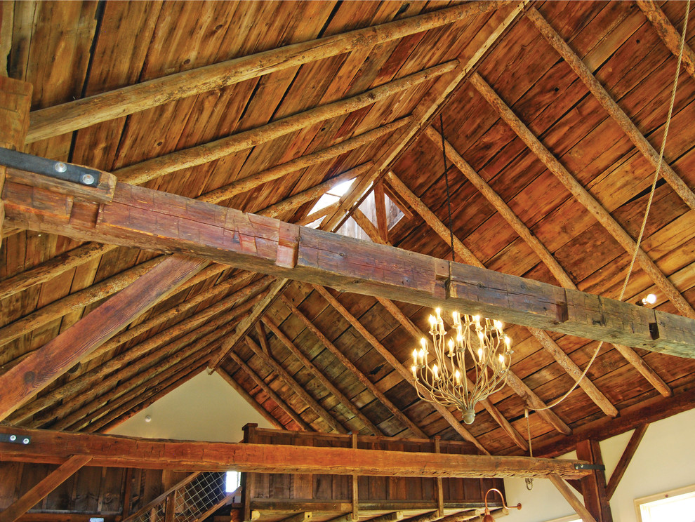 Vintage Timber Frame Barn Addition Farmhouse Family Room