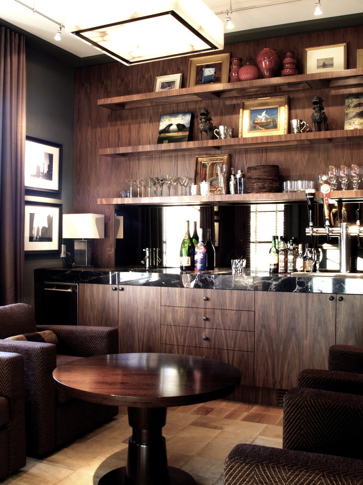 Inspiration for a contemporary games room in Atlanta with a home bar, multi-coloured walls and a feature wall.