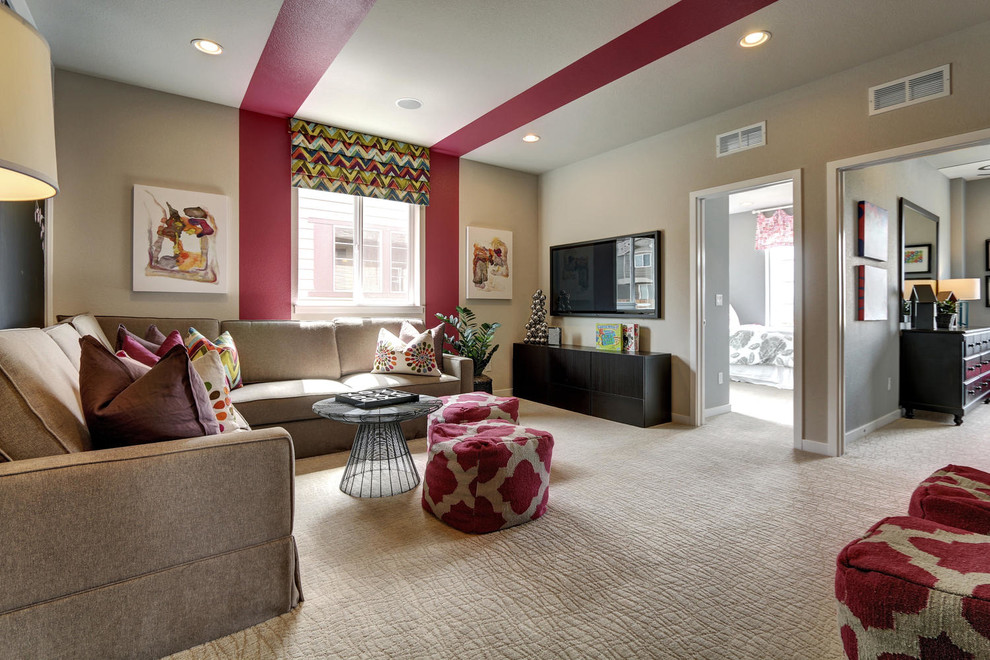 Example of a large transitional loft-style carpeted game room design in Denver with beige walls, no fireplace and a wall-mounted tv