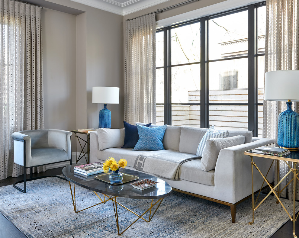 Family room - transitional dark wood floor and brown floor family room idea in Toronto with brown walls
