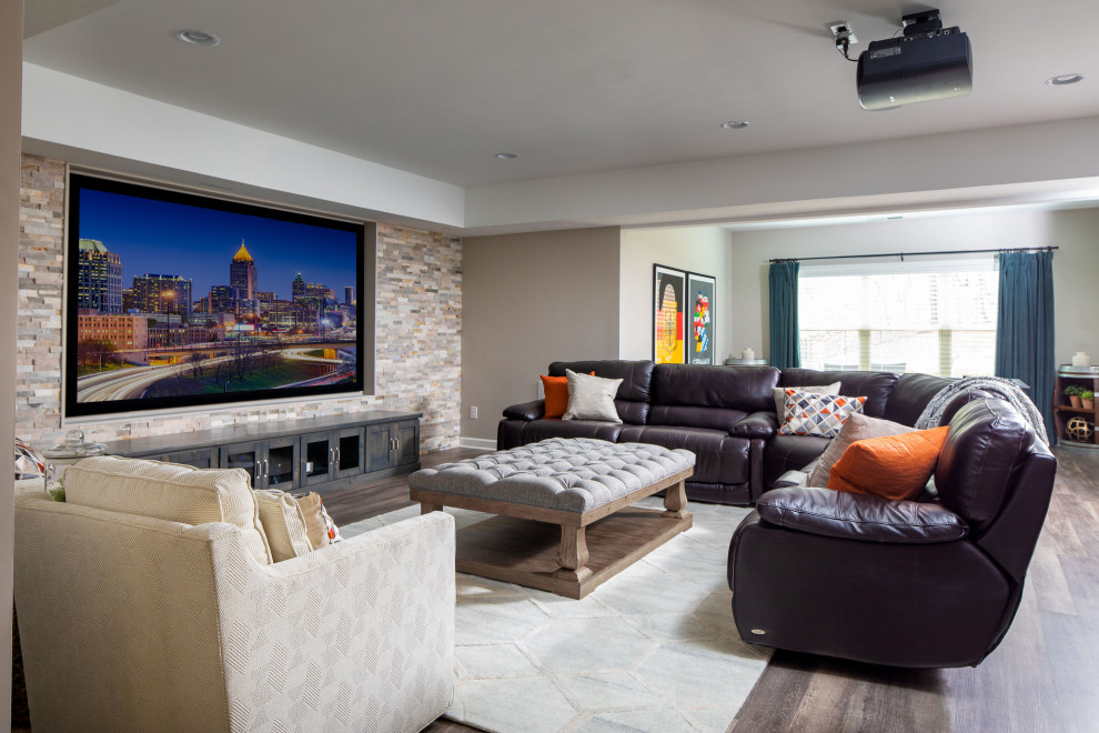 Design ideas for a medium sized contemporary games room in Atlanta with beige walls, dark hardwood flooring, no fireplace and a built-in media unit.