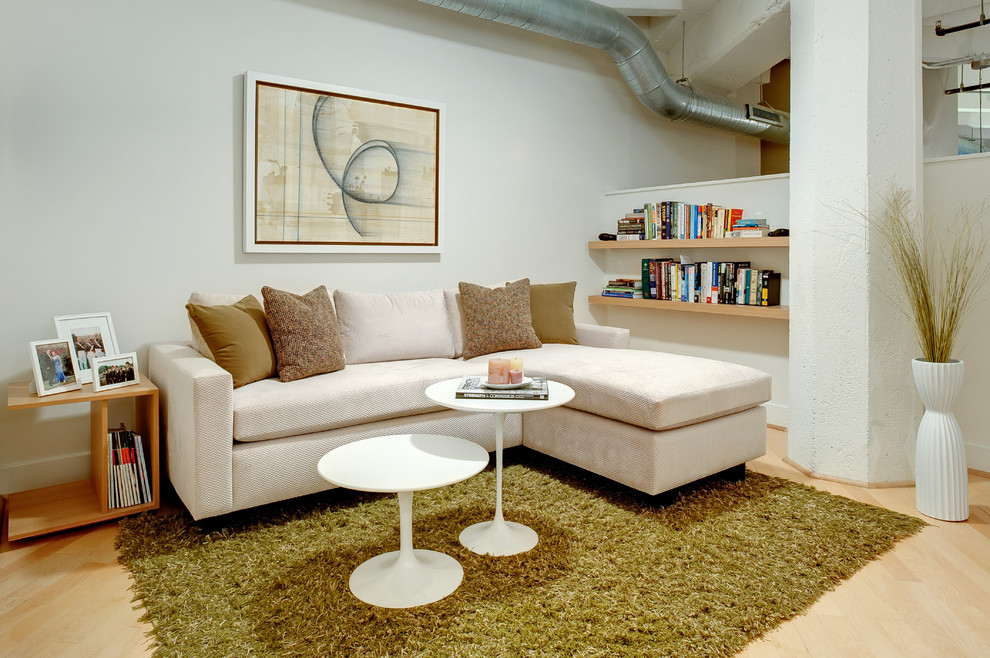 Foto di un soggiorno design con libreria, pareti bianche e parquet chiaro