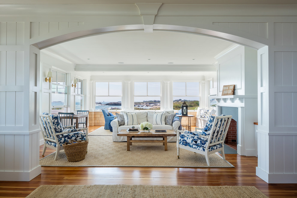 Photo of a beach style family room in Providence.