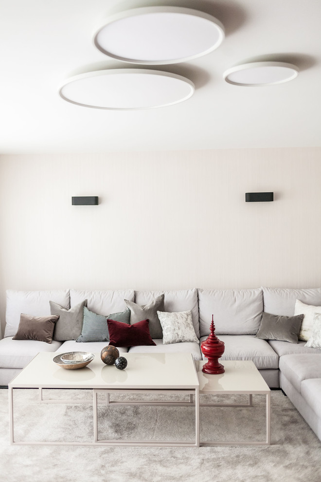 Imagen de sala de estar cerrada actual de tamaño medio sin chimenea y televisor con paredes blancas, moqueta y suelo gris