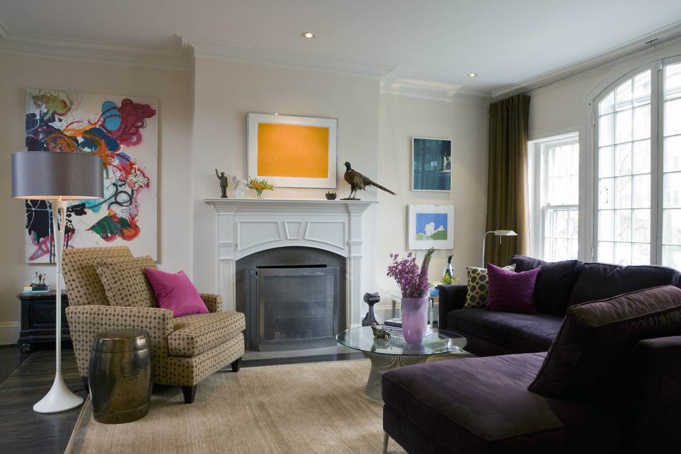 Inspiration for a transitional family room remodel in DC Metro with beige walls, a standard fireplace and no tv