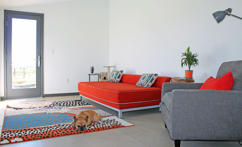 Kleines, Abgetrenntes Modernes Wohnzimmer mit weißer Wandfarbe und Betonboden in Denver