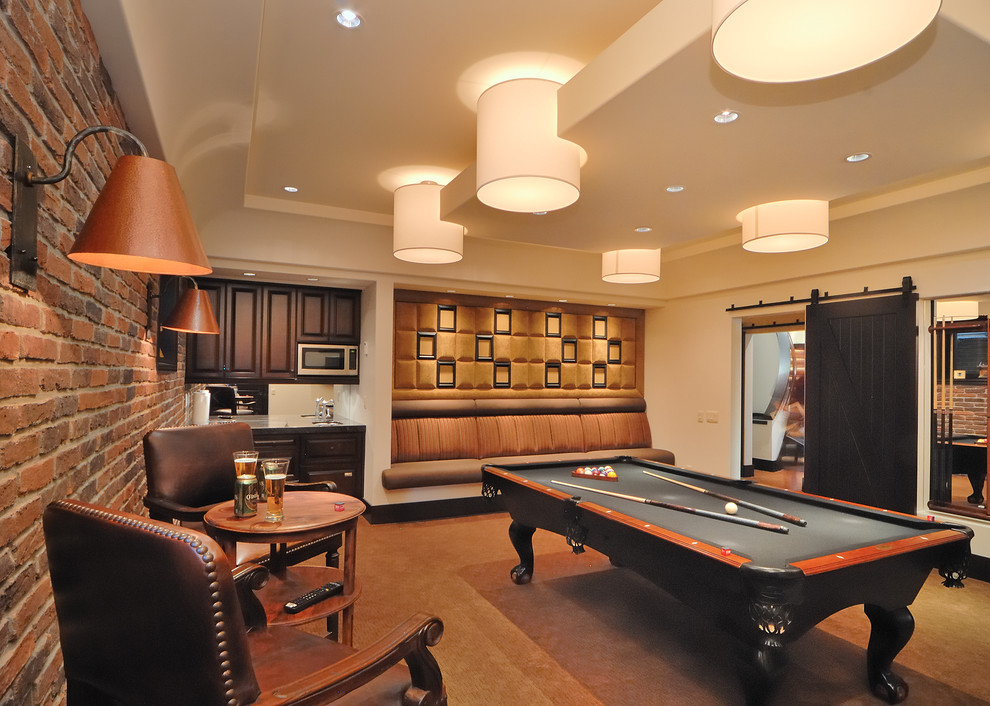 This is an example of a medium sized contemporary enclosed games room in Vancouver with beige walls, carpet, no fireplace, no tv and brown floors.