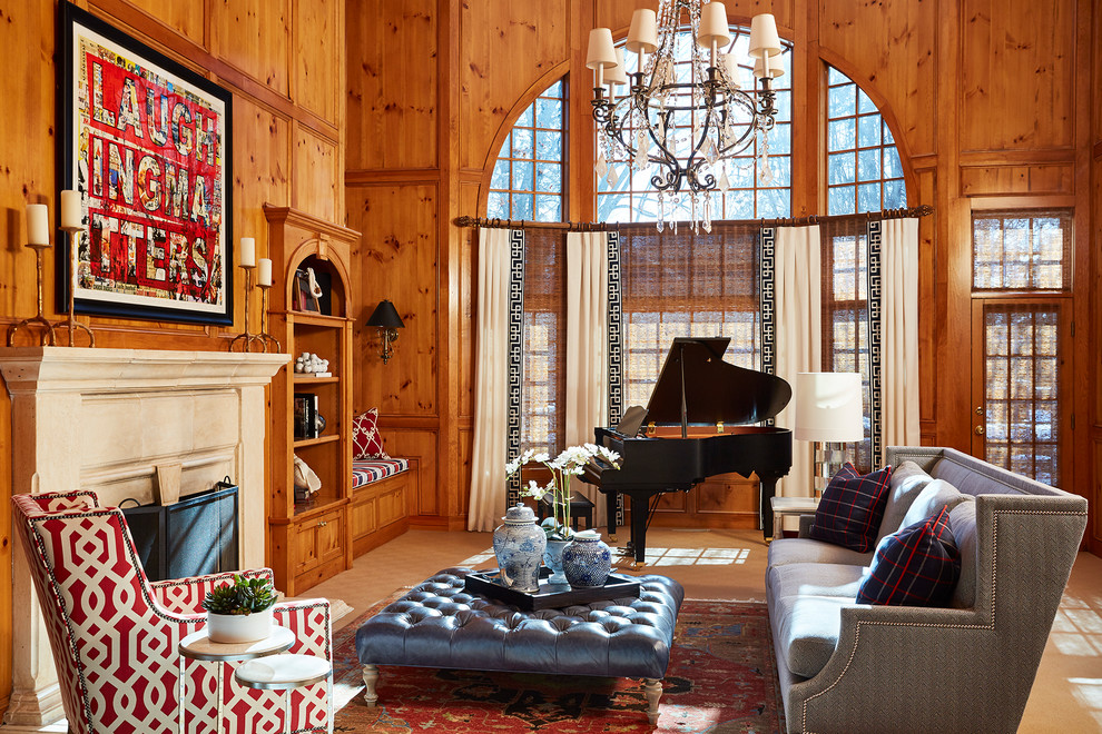 ミネアポリスにある高級な広いトラディショナルスタイルのおしゃれなファミリールーム (カーペット敷き、標準型暖炉、石材の暖炉まわり、ベージュの床、ミュージックルーム、茶色い壁) の写真