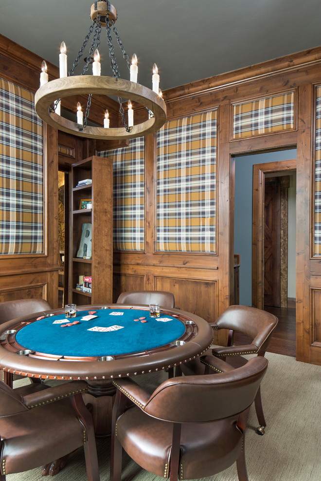 Rustic enclosed games room in Denver with a game room, multi-coloured walls and carpet.