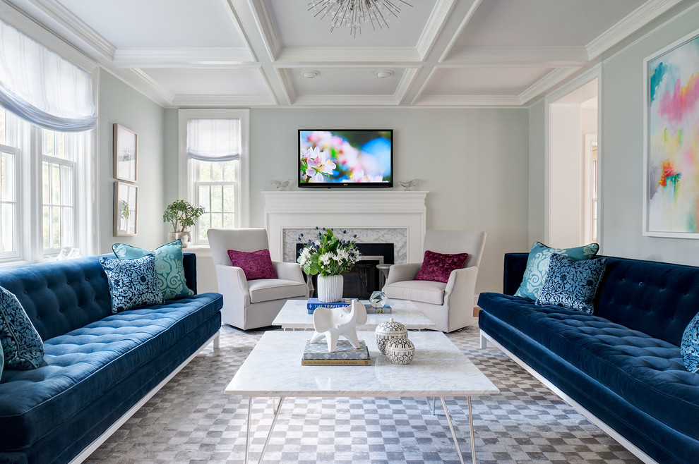 Inspiration for a transitional enclosed carpeted family room remodel in Philadelphia with green walls, a standard fireplace, a stone fireplace and a wall-mounted tv