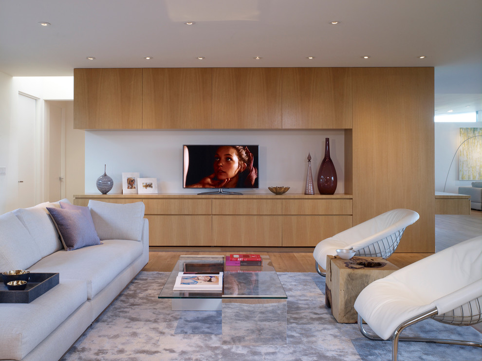 Источник вдохновения для домашнего уюта: большая открытая гостиная комната в современном стиле с светлым паркетным полом, отдельно стоящим телевизором и белыми стенами без камина