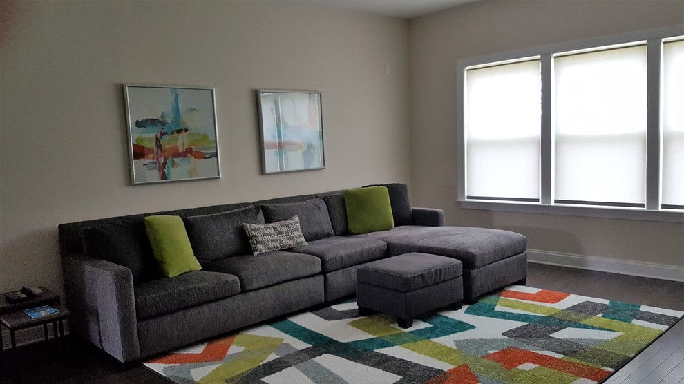 Esempio di un soggiorno minimal di medie dimensioni con pareti grigie, parquet scuro e TV autoportante