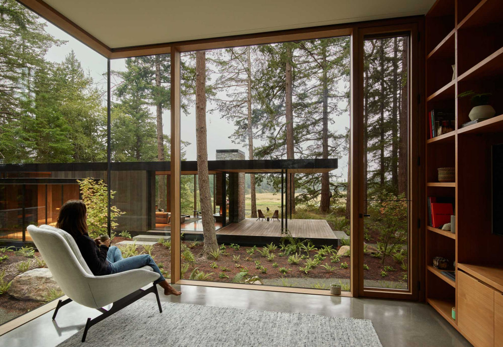 Свежая идея для дизайна: гостиная комната в стиле модернизм с бетонным полом и серым полом - отличное фото интерьера