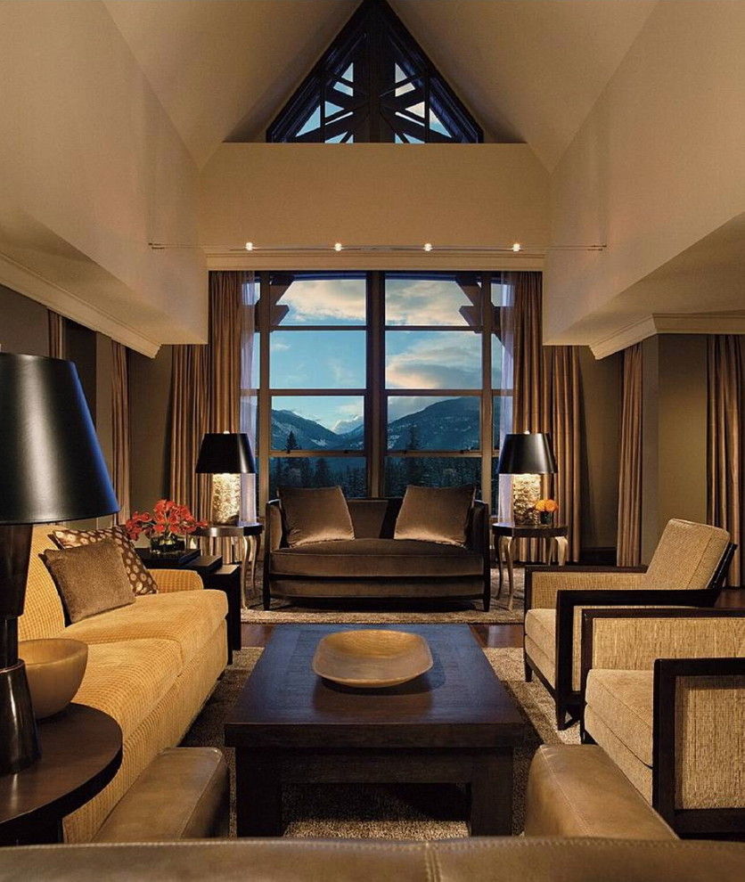 Trendy open concept family room photo in Vancouver with beige walls