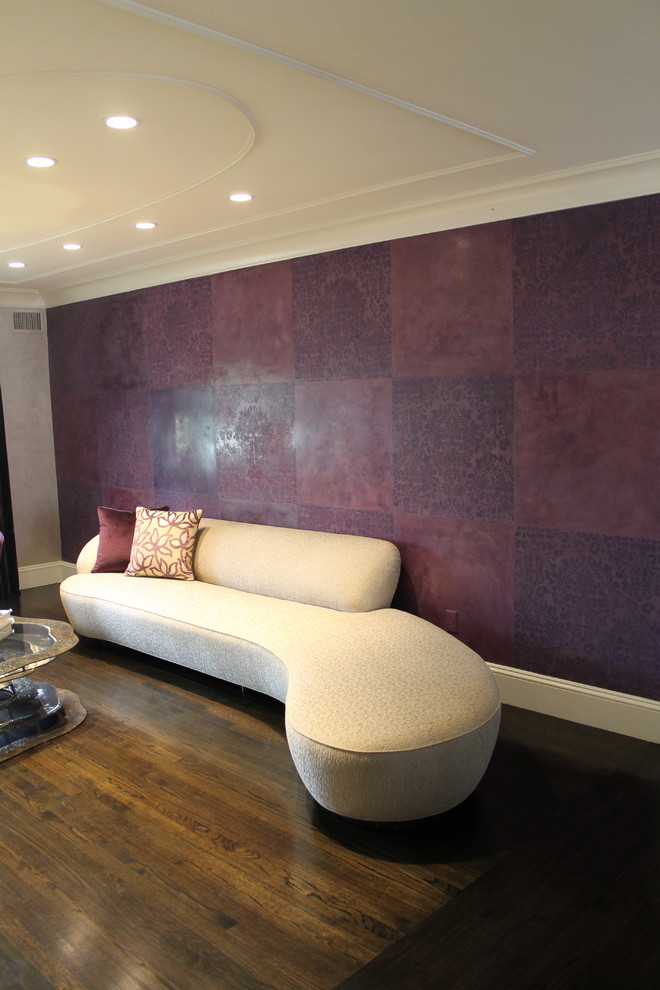 Inspiration for a mid-sized contemporary enclosed family room remodel in New York with purple walls