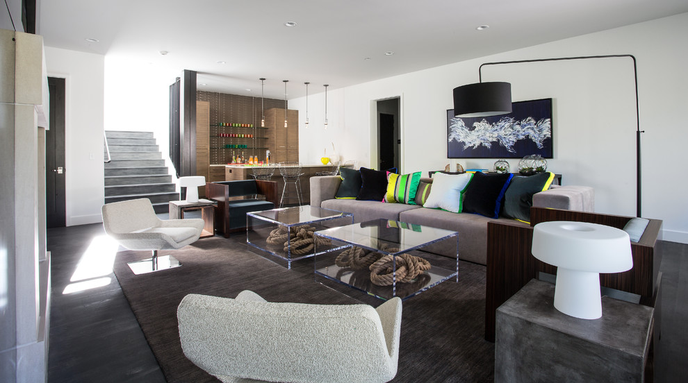 Foto de sala de estar con barra de bar contemporánea con paredes blancas, suelo de madera oscura y alfombra