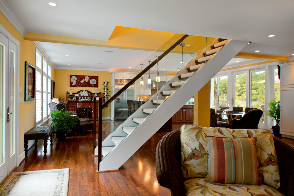 Example of a large transitional open concept medium tone wood floor family room design in DC Metro with yellow walls