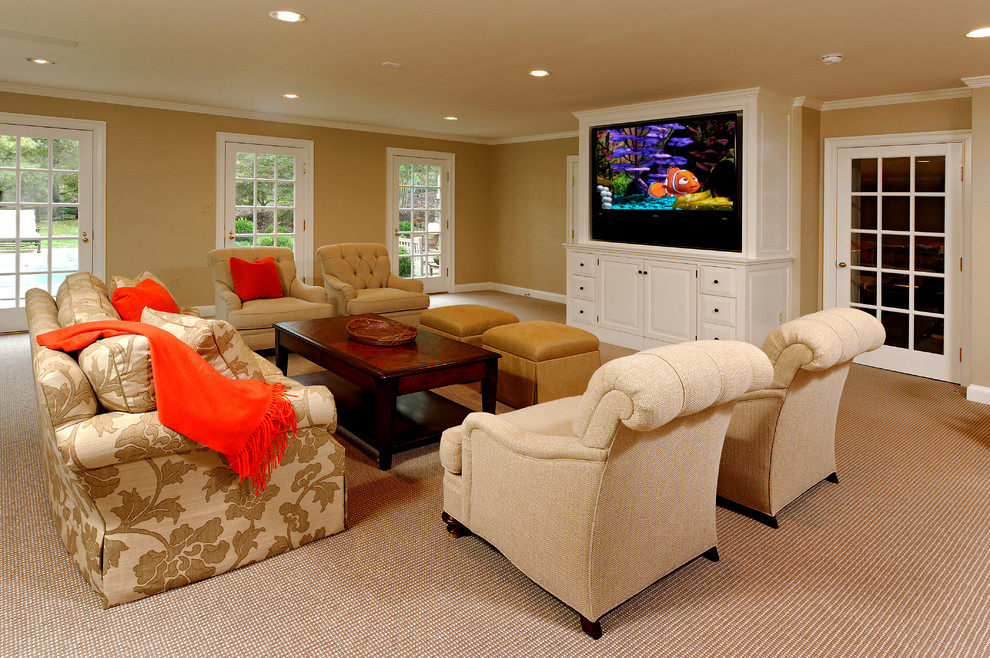 Family room - traditional open concept carpeted family room idea in DC Metro with beige walls and a media wall