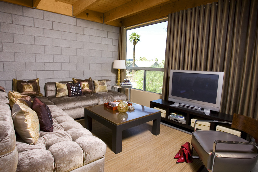 Cette image montre une petite salle de séjour urbaine avec un mur gris et un téléviseur indépendant.