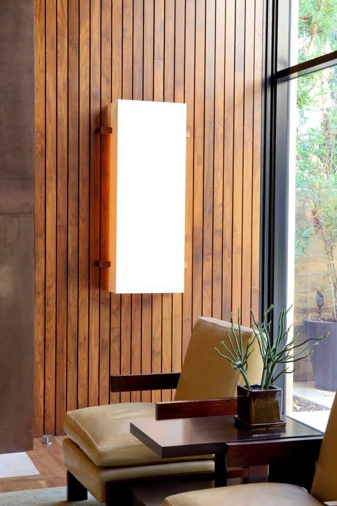 Idée de décoration pour une salle de séjour minimaliste avec un mur marron.