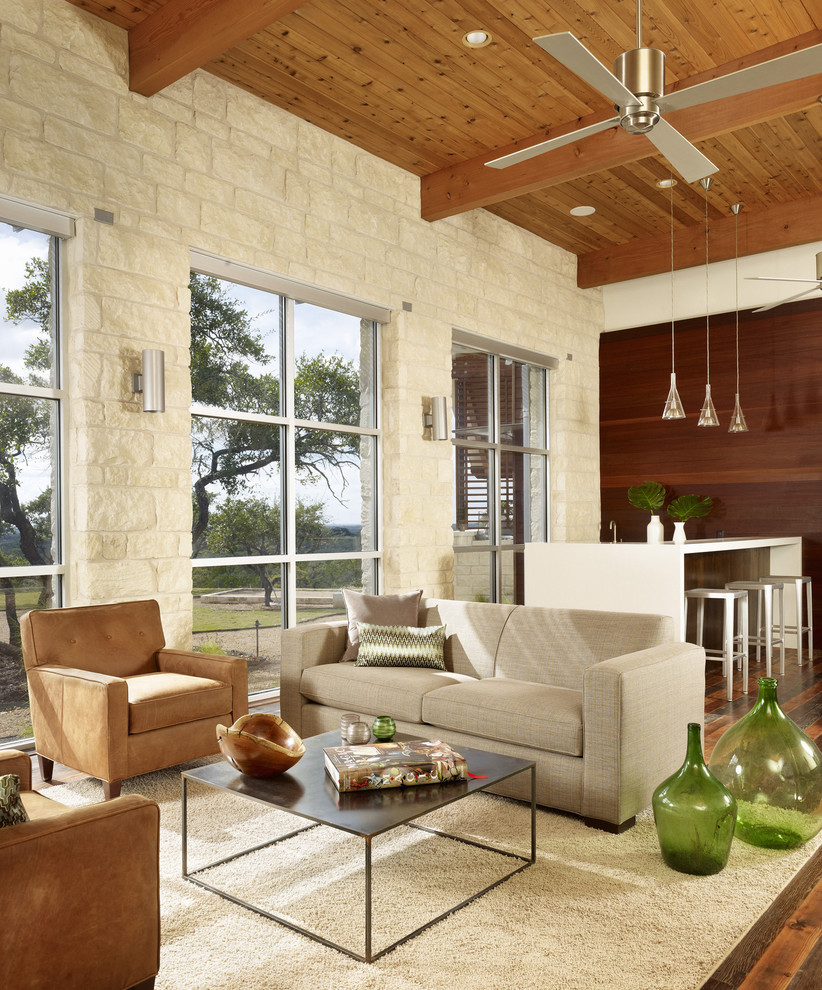 Ejemplo de sala de estar abierta moderna con paredes beige, suelo de madera oscura y alfombra
