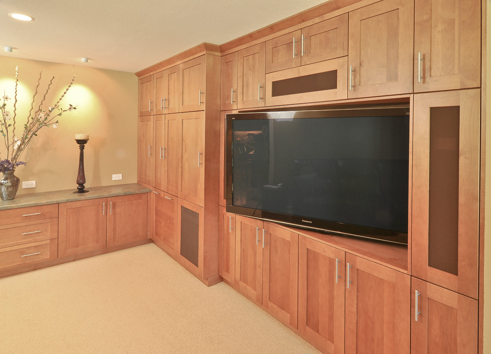 Large traditional games room in San Francisco with a built-in media unit.