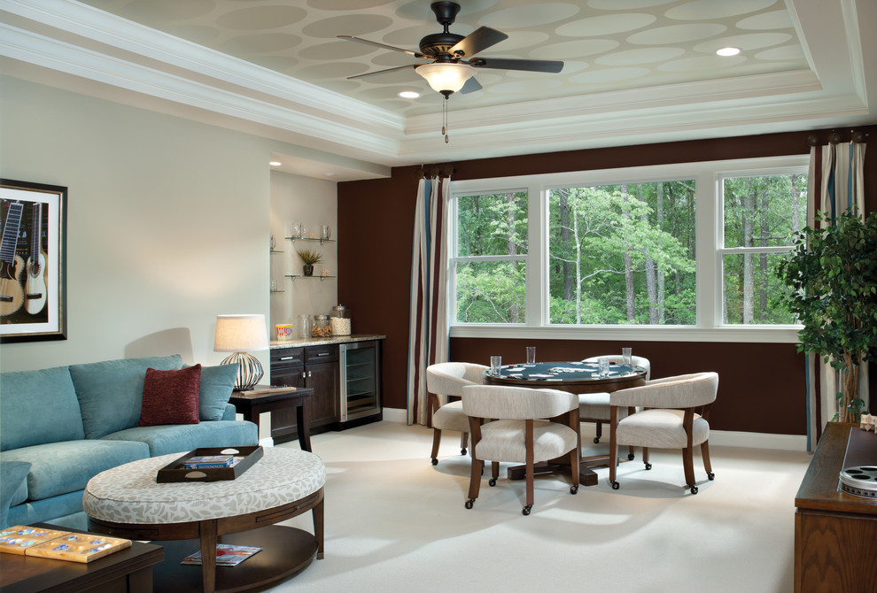 Game room - traditional game room idea in Tampa with brown walls