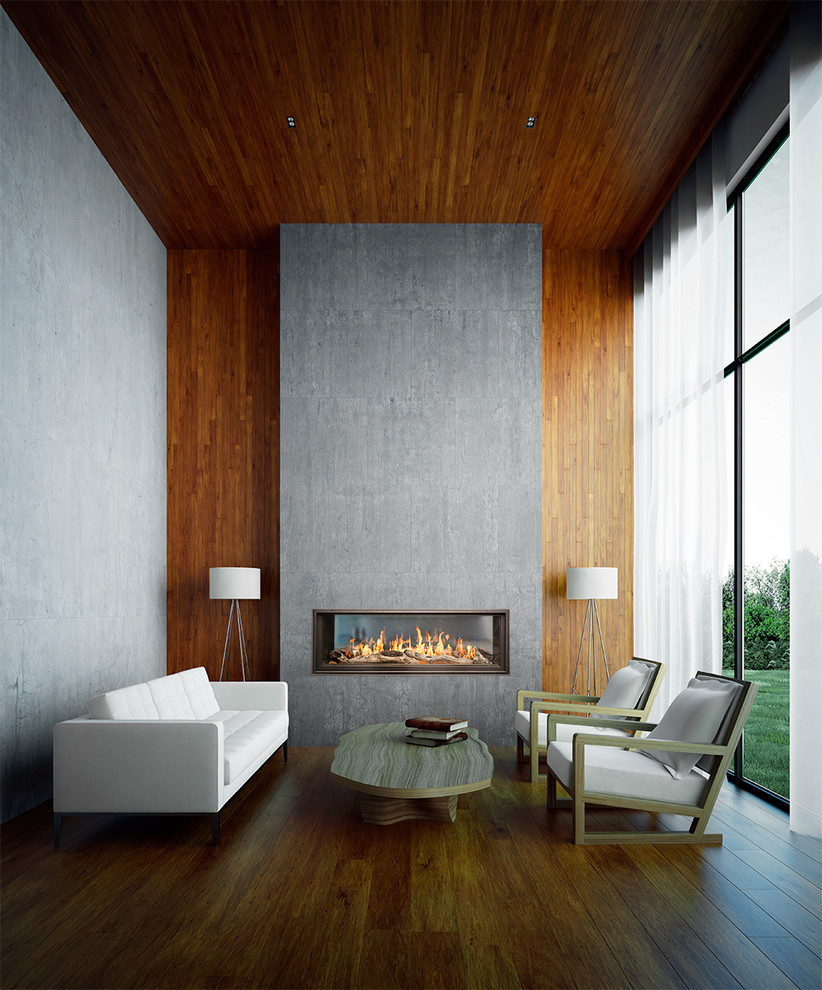 Inspiration för mellanstora moderna separata vardagsrum, med en standard öppen spis, grå väggar, mellanmörkt trägolv och en spiselkrans i sten