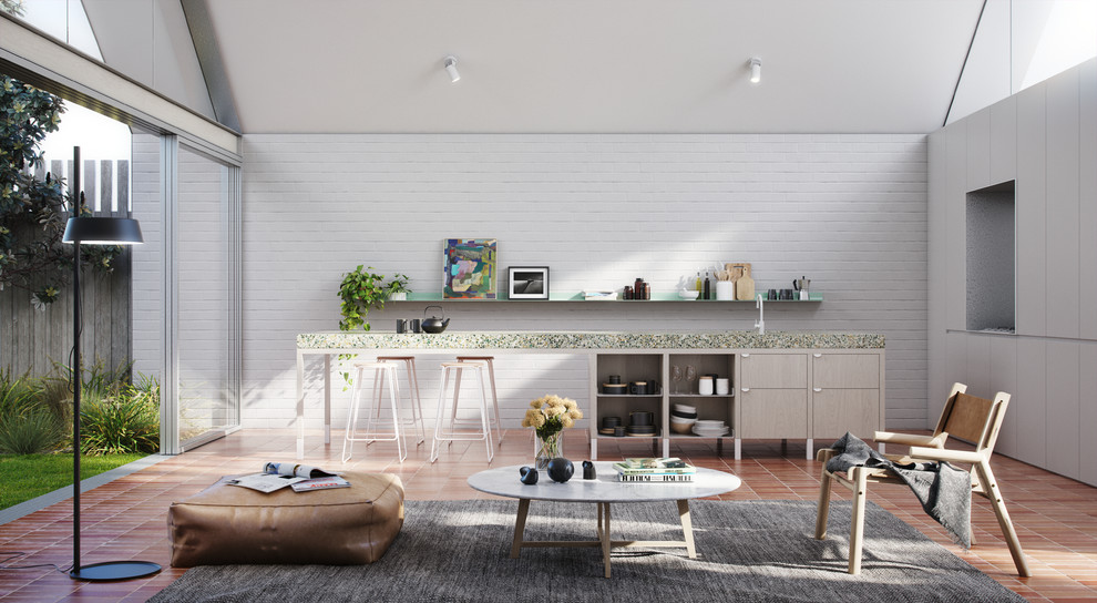 Foto di un piccolo soggiorno minimal aperto con libreria, pareti bianche e pavimento marrone
