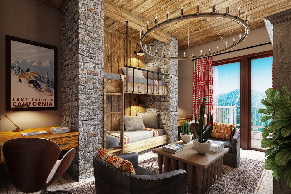 Diseño de sala de estar cerrada rural de tamaño medio con paredes beige, moqueta, televisor retractable y suelo beige