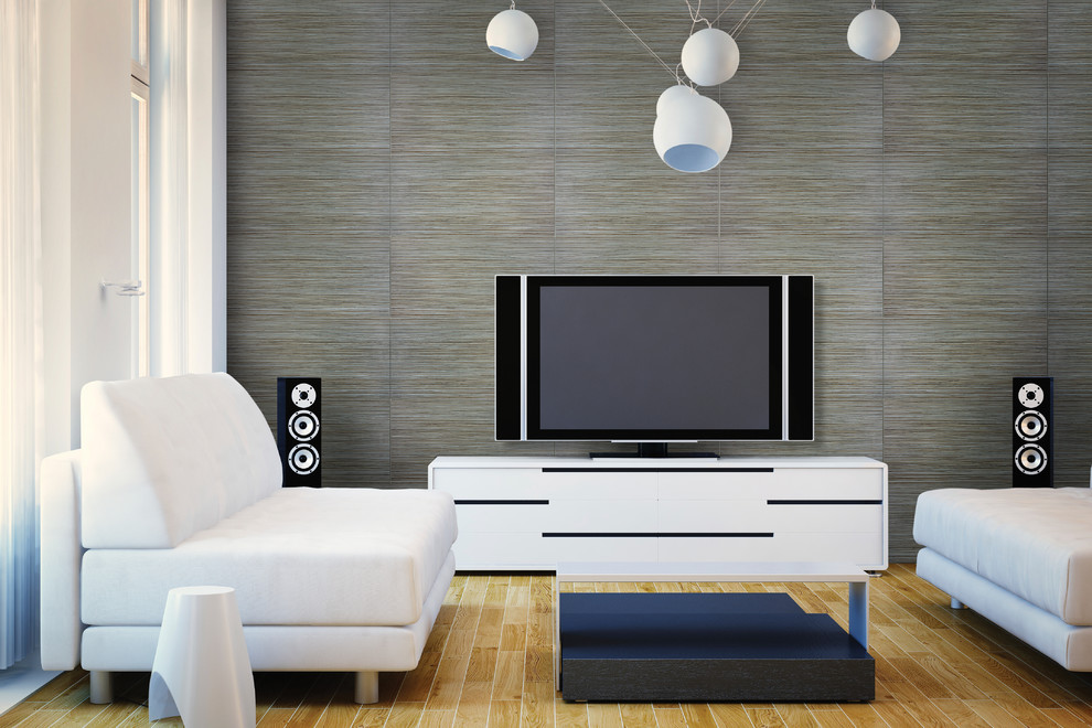 Foto de sala de estar abierta minimalista de tamaño medio sin chimenea con paredes azules, suelo de madera en tonos medios y pared multimedia