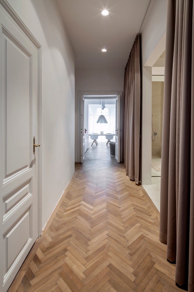 Elegant medium tone wood floor hallway photo in Other with white walls