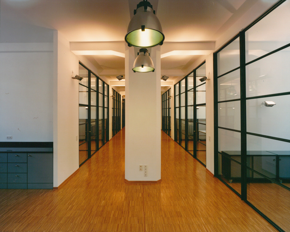 Imagen de recibidores y pasillos urbanos con paredes blancas y suelo de madera en tonos medios