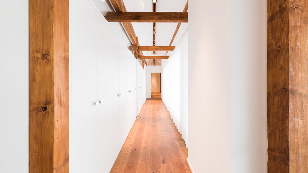 Modelo de recibidores y pasillos contemporáneos grandes con paredes blancas, suelo de madera en tonos medios y suelo marrón