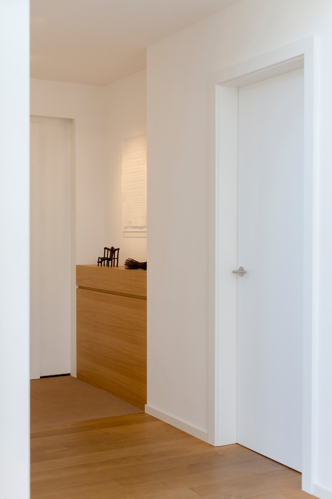 Moderner Flur mit weißer Wandfarbe, hellem Holzboden und braunem Boden