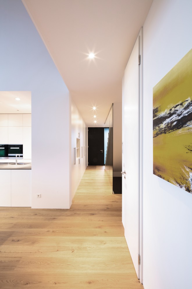 Mittelgroßer Moderner Flur mit weißer Wandfarbe, braunem Holzboden und braunem Boden in Stuttgart